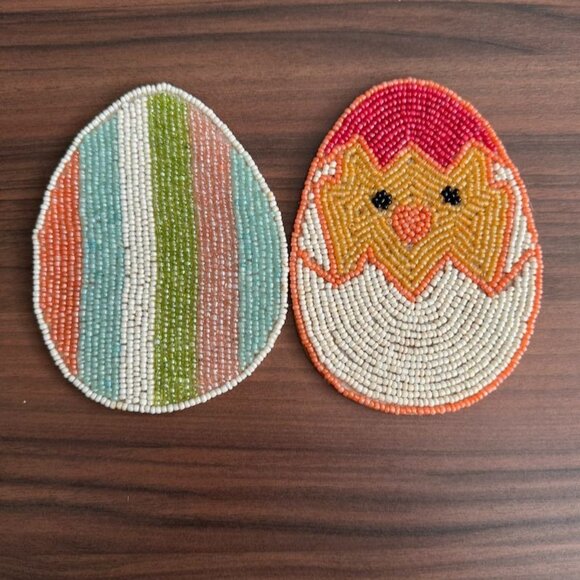 Beaded Easter Egg Coasters Set Of 2 Handmade 5" Pier 1 Imports Striped & Chick D - Picture 1 of 6